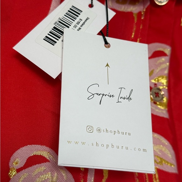 Flamingo Print Red Mini Dress Back Buttons Gold Accents Buru NWT - Picture 5 of 9